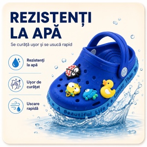 Saboți Copii Tip Crocs din Spumă cu Accesorii Detașabile și Baretă Reglabilă, Albastru Închis - Img 5