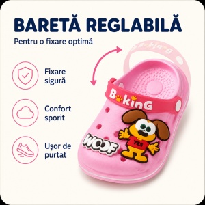 Saboți Copii Tip Crocs din Spumă cu Cățeluș 3D, Baretă Reglabilă, Talpă Antiderapantă, Roz - Img 6