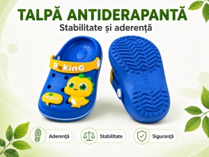 Saboți Copii Tip Crocs din Spumă cu Dinozaur 3D Galben, Baretă Reglabilă, Talpă Antiderapantă, Albastru - Img 8