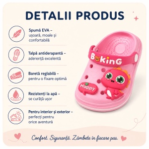 Saboți Copii Tip Crocs din Spumă cu Dinozaur 3D Roz, Baretă Reglabilă, Talpă Antiderapantă, Roz - Img 2