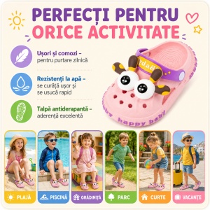 Saboți Copii Tip Crocs din Spumă cu Girafă 3D, Baretă Reglabilă, Talpă Antiderapantă, Roz - Img 8