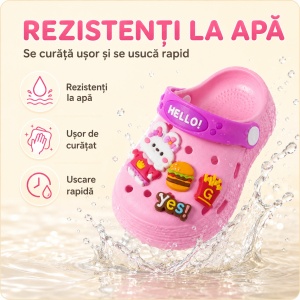 Saboți Copii Tip Crocs din Spumă cu Iepuraș 3D și Accesorii Decorative, Baretă Reglabilă, Talpă Antiderapantă, Roz - Img 5