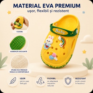 Saboți Copii Tip Crocs din Spumă cu Iepuraș 3D și Curcubeu Decorativ, Baretă Reglabilă, Talpă Antiderapantă, Galben - Img 4