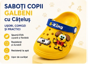 Saboți Copii Tip Crocs din Spumă EVA cu Cățeluș 3D, Baretă Reglabilă, Talpă Antiderapantă, Galben - Img 2