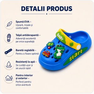 Saboți Copii Tip Crocs din Spumă EVA cu Dino Baby 3D și Accesorii Decorative, Baretă Reglabilă, Talpă Antiderapantă, Albastru - Img 2