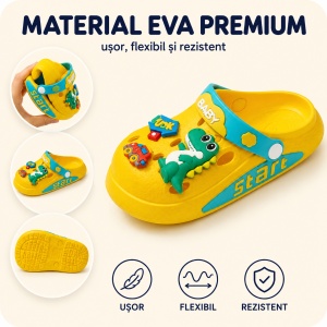 Saboți Copii Tip Crocs din Spumă EVA cu Dino Baby 3D și Accesorii Decorative, Baretă Reglabilă, Talpă Antiderapantă, Galben - Img 4