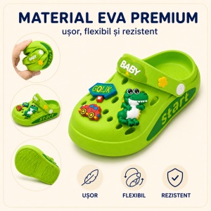 Saboți Copii Tip Crocs din Spumă EVA cu Dino Baby 3D și Accesorii Decorative, Baretă Reglabilă, Talpă Antiderapantă, Verde - Img 6