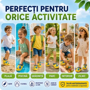 Saboți Copii Tip Crocs din Spumă EVA cu Dinozaur 3D Albastru, Baretă Reglabilă, Talpă Antiderapantă, Galben - Img 9