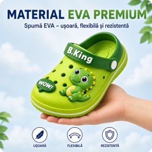 Saboți Copii Tip Crocs din Spumă EVA cu Dinozaur 3D Verde, Baretă Reglabilă, Talpă Antiderapantă, Verde - Img 7