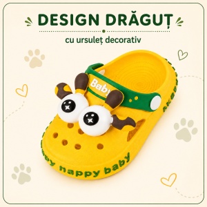 Saboți Copii Tip Crocs din Spumă EVA cu Girafă 3D, Baretă Reglabilă, Talpă Antiderapantă, Galben - Img 7