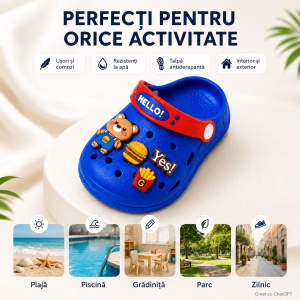 Saboți Copii Tip Crocs din Spumă EVA cu Ursuleț 3D și Accesorii Decorative, Baretă Reglabilă, Talpă Antiderapantă, Albastru - Img 9