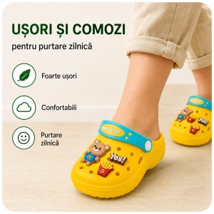 Saboți Copii Tip Crocs din Spumă EVA cu Ursuleț 3D și Accesorii Decorative, Baretă Reglabilă, Talpă Antiderapantă, Galben - Img 8