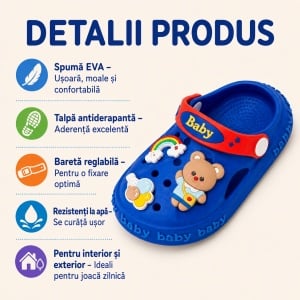 Saboți Copii Tip Crocs din Spumă EVA cu Ursuleț 3D și Curcubeu Decorativ, Baretă Reglabilă, Talpă Antiderapantă, Albastru - Img 3