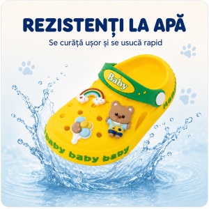Saboți Copii Tip Crocs din Spumă EVA cu Ursuleț 3D și Curcubeu Decorativ, Baretă Reglabilă, Talpă Antiderapantă, Galben - Img 5