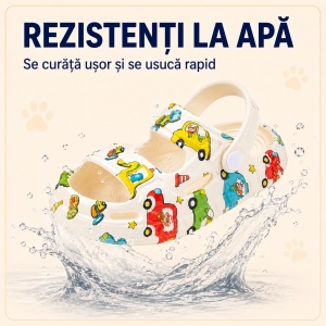 Saboți Copii Tip Crocs din Spumă, Model Decupat cu Mașinuțe Colorate, Baretă Reglabilă, Alb - Img 6