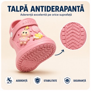 Saboți Copii Tip Crocs ,Spuma cu Personaj 3D, Balon și Stea Decorativa, Baretă Reglabilă, Talpă Antiderapantă, Roz - Img 8