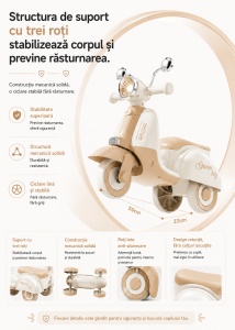 Scooter Crem pentru Copii cu 3 Roți, Far LED, Direcție 135° și Compartiment Depozitare – Ride-On pentru Copii 1-6 Ani - Img 6