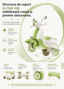Scooter Verde pentru Copii cu 3 Roți, Far LED, Direcție 135° și Compartiment Depozitare – Ride-On pentru Copii 1-6 Ani - Img 6