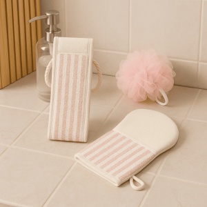Set 3 in 1 pentru Baie, pentru Exfoliere, Burete, Manusa, Exfoliant Spate, Roz