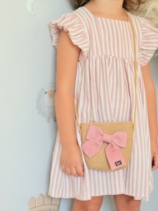 Set Palarie Si Gentuta Pentru Fetite, din Paie, 54 cm, Nude cu Funda Roz - Img 2