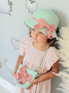 Set Palarie Si Gentuta Pentru Fetite, din Paie, 54 cm, Roz cu Funda Bleumarin - Img 3