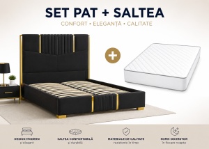 SET Pat Tapitat Catifea, Negru, Somiera Inclusa 160x200 cm + Saltea Lux Ortopedica, Arcuri Bonnell si Spuma Poliuretanica 160x200 cm