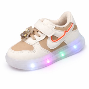 Sneakers Sport Copii Crem-Alb cu LED, Talpă Flexibilă și Accesoriu Ursuleț
