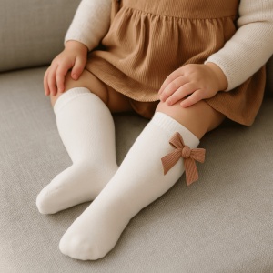 Sosete pentru Copii, Alb, Model cu Funda Maro, Bumbac, 2-5 ani