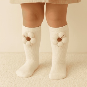 Sosete pentru Copii, Albe, Model cu Floare Crem, Bumbac, 2-5 ani