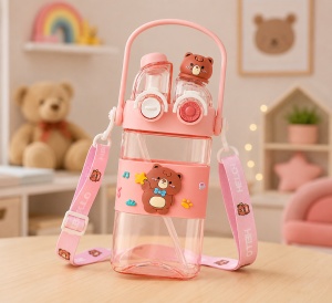 Sticla de Apa 2 in 1, cu Pai, Bareta si Maner, Peach, Plastic, 450 ml - Img 3
