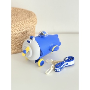Sticla de Apa pentru Copii, Cu Pai si Bareta, Model Avion, Albastru, 500 ml - Img 3
