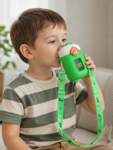 Sticla de Apa pentru Copii, model Dinozaur, cu Bareta si Pai, Verde, 500 ml - Img 2