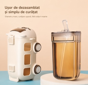 Sticla pentru Apa cu Pai, model Autobuz Ursulet, Plastic, Alb, 500 ml - Img 4