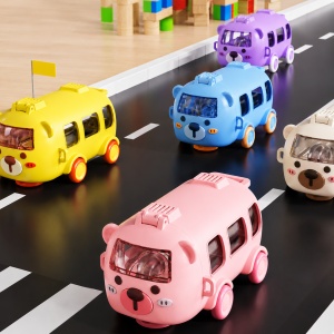 Sticla pentru Apa cu Pai, model Autobuz Ursulet, Plastic, Galben, 500 ml - Img 2