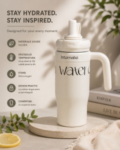 Termos Pentru Adulti cu Pai si Maner, Otel Inoxidabil, Alb, 550 ml - Img 2