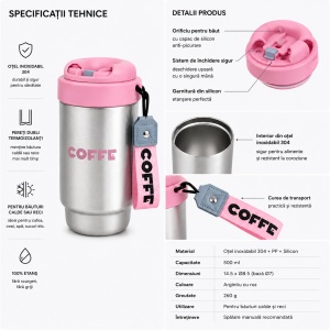 Termos pentru Adulti, model Coffee, cu Pai, Argintiu, 500 ml - Img 2