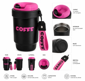 Termos pentru Adulti, model Coffee, cu Pai, Negru, 500 ml - Img 2