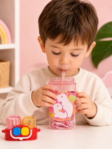 Termos pentru copii 2 in 1, cu Bareta, Plastic, Rosu, 580 ml - Img 3