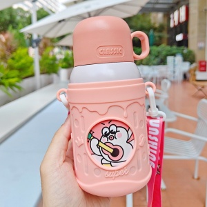Termos pentru Copii cu Pai, Capac Transformabil in Cana, Peach, 500 ml