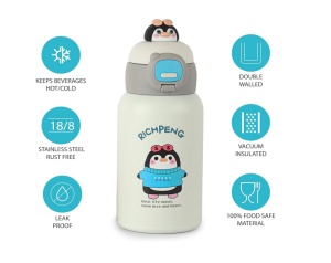 Termos pentru Copii, cu Pai si Bareta, Alb, Model Pinguin, 500 ml - Img 2