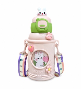 Termos pentru Copii, cu Pai si Bareta, Peach, Model Iepuras, 500 ml
