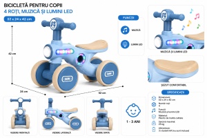 Tricicletă de Echilibru Crem – Albastru pentru Copii, 4 Roți, Muzică și Lumini LED, 1-3 Ani - Img 2