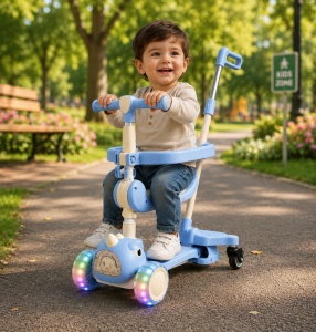 Trotinetă Copii 3 în 1 cu Șezut și Mâner de Împingere, Albastru Pastel, Roți cu Lumini LED, Model Dinozaur - Img 4