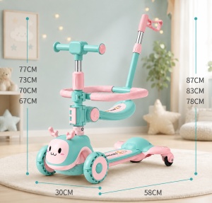Trotinetă Copii 3 în 1, Turcoaz, Roti cu Lumini LED, Șezut și Mâner Reglabil, Model Ren - Img 3