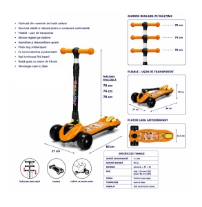 Trotinetă Copii 3 Roți, Portocaliu, Lean to Steer, Pliabilă, Ghidon Reglabil, Roți LED - Img 4