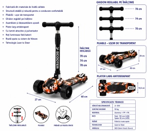Trotinetă Copii 3 Roți, Portocaliu-Negru, Lean to Steer, Pliabilă, Ghidon Reglabil, Roți LED, Efecte de Fum și Sunete - Img 5