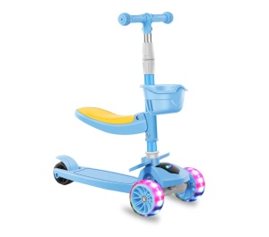 Trotineta Pliabila 2 in 1, cu Sezut Rabatabil, Cosulet si Luminite, Blue, 2 ani+