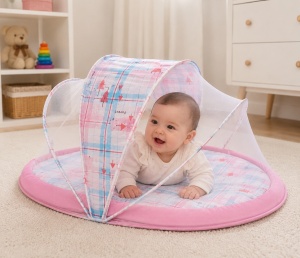 BabyNest pentru Bebe, cu Plasa Anti Insecte, pentru Calatorii, Textil, Roz