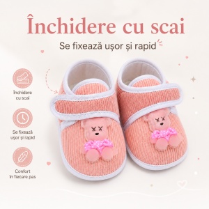 Botoșei Bebeluși cu Scai și Ursuleț 3D, Talpă Antiderapantă, Roz Pal - Img 3