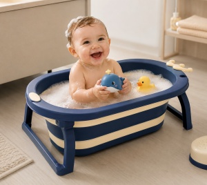 Cadita Pliabila pentru Bebe, Plastic, cu dop de Scurgere si Picioare, Albastru, 80 cm x 50 cm x 24 H - Img 3